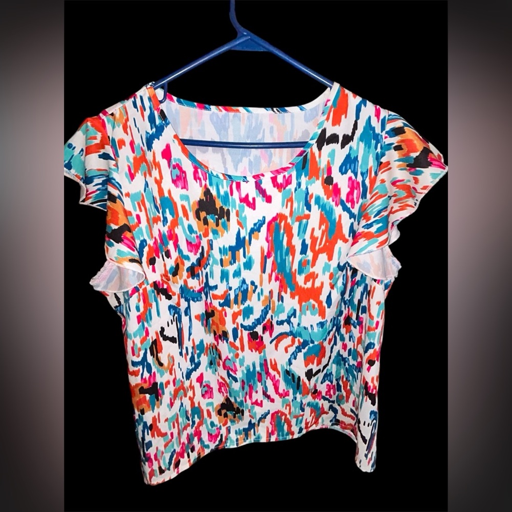 SHEIN Abstract Ikat Print Flutter Sleeve Blouse - Colorful Boho Top XL colorful